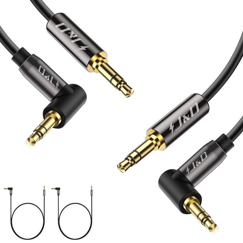 J&D (2 Pack Gold Plated 3.5mm Stereo Audio Aux Jack to Jack Cable 90 Degree Right Angle Compatible for iPhone, Galaxy, Speakers or All Other Devices, 3 Feet - Image 1